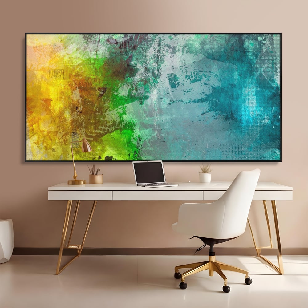 Tablou canvas cu tablou canvas cu compozitie abstracta, in rama de aluminiu negru, pe perete intr-un birou